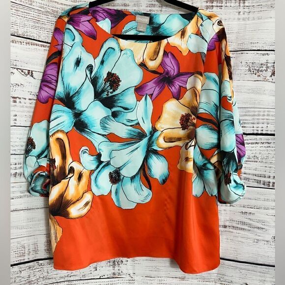Chico’s Top Womens Sz XL Floral Tropical Iris Print Bateau Neck Blouse colorful - Picture 1 of 11